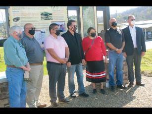 Press photo/Jake Browning Local leaders gathered at the Nikwasi Mound on Monday morning to celebrate its history and discuss its future. From Left: Bob Scott, Perry Shell, Adam Wachacha, Kevin Corbin, Chelsea Saunooke, Tom Wahnetah, Karl Gillespie. 