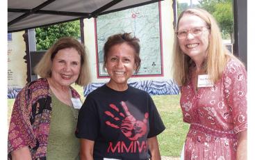 Press photo/Jake Browning - Marty Greeble, Juanita Wilson and Mary Polanski at the July 31 dedication ceremony for the Na’ha Rebecca Morris plaque on the Women’s History Trail.