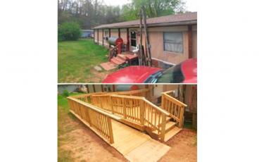 The Macon County Housing Department installed a ramp to accommodate the homeowner’s accessibility needs; the top photo shows the home’s entrance prior to the ramp’s construction. The Healthy Homes initiative will fund home repairs for low-income families. The county’s housing department, Macon Program for Progress and the Highlands Rotary Club received grants totaling $145,000 to make home improvements.