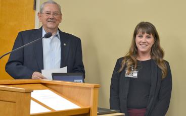 Press photo/Mia Overton The Town of Franklin’s new human resources director, Nicole Bradley, was introduced at the May 2 Town Council meeting. She is pictured with Mayor Jack Horton.