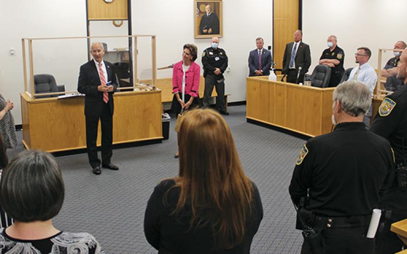 Press photo/Jake Browning North Carolina Supreme Court Chief Justice Paul Newby meets with judicial staff and other Macon County representatives during his courthouse tour on May 10.