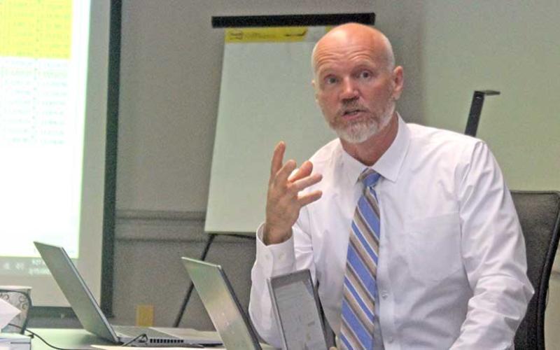 Press photo/Thomas Sherrill - Macon County Schools Superintendent Chris Baldwin announced at the Feb. 27 Board of Education meeting that he will be retiring on Sept. 1. He is pictured talking about the school system’s budget at the February school board retreat.