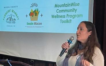 Press photo/Mia Overton - Nicole Hinebaugh of Mountain Wise speaks about food insecurity in Western North Carolina during a recent Rotary Club of Franklin meeting.