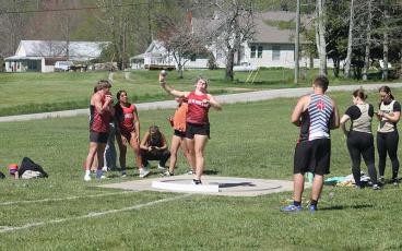 Junior Charley Seagle competes in the shot put at Rabun Gap April 13. (Press photo/Will Woolever)