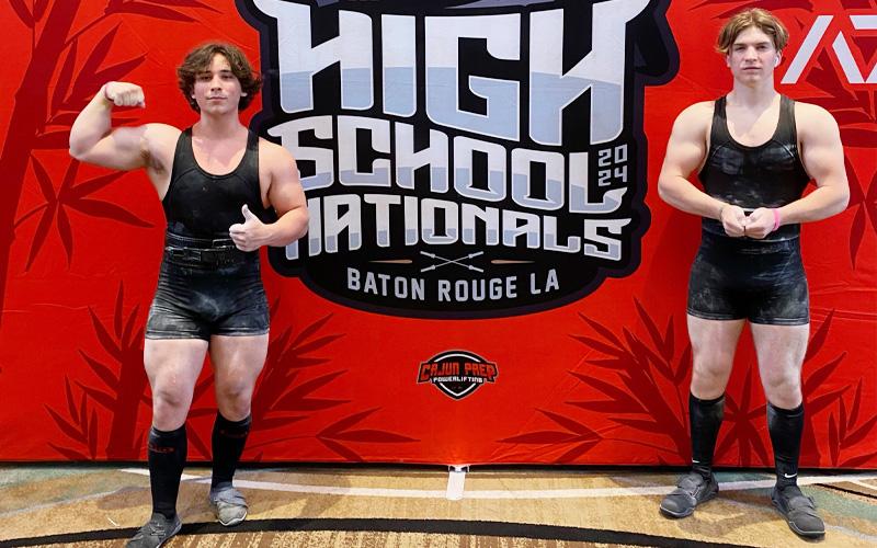 Photo submitted. Franklin High School students Taylor Thomas (left) and Evan Lampkin are pictured at the USA Powerlifting High School Nationals in Baton Rouge last month. 